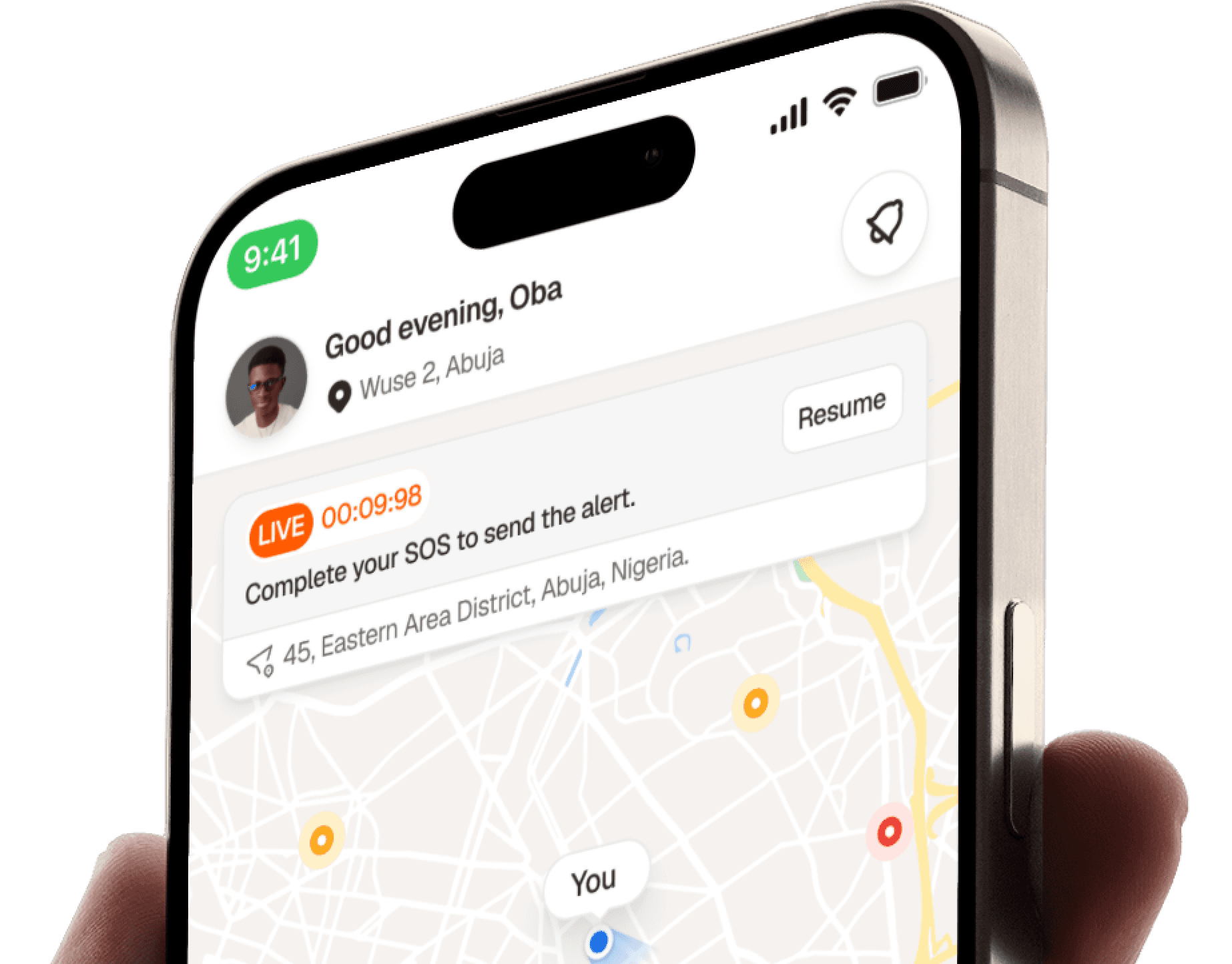 The SafeRide app showing a live SOS alert on a map of Abuja